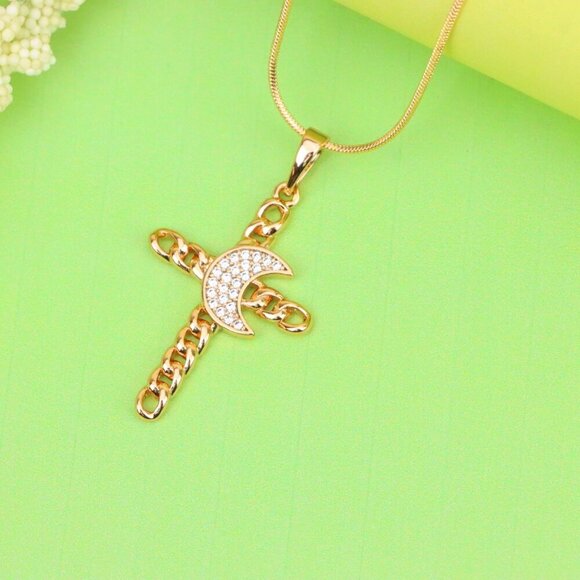 "Rose Gold Chain Cross Pendant with CZ Crescent Accent, XPPT1263 - Picture 4 of 13